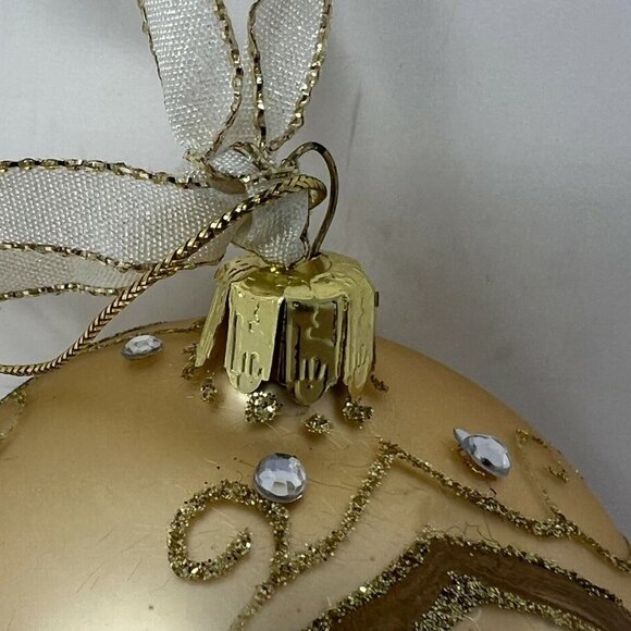 Santas Best Christmas Ornament Gold Round Blown Glass Glitter Rhinestone Jewel - Picture 2 of 6